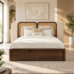 Aurelia Sheesham Wood Cane & Velvet Bed – Walnut Finish - Image 2