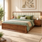 Arden Sheesham Wood Upholstered Bed with Box Storage – Walnut Finish