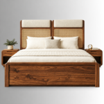 Serena Sheesham Wood Cane & Velvet Bed – Modern Walnut Finish - Image 5