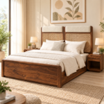 Serena Sheesham Wood Cane & Velvet Bed – Modern Walnut Finish