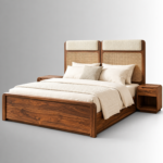 Serena Sheesham Wood Cane & Velvet Bed – Modern Walnut Finish - Image 3