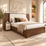 Elara Sheesham Wood Bed with Velvet Headboard – Walnut Finish