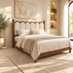 Elara Solid Wood Upholstered Bed – Walnut Finish