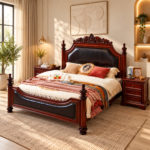 Regency Carved Mango Wood Bed with Upholstered Panel Headboard