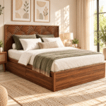 Ardena Handcrafted Sheesham Wood Bed with Carved Wave Headboard