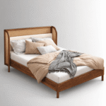 Aurevia Sheesham Wood Rattan Cane Bed with Upholstered Headboard - Image 3