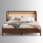 Aurevia Sheesham Wood Rattan Cane Bed with Upholstered Headboard - Image 2