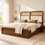Veyara Sheesham Wood Bed with Dual-Panel Velvet Headboard