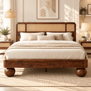 Arden Sheesham Wood Bed with Cane Weaving Headboard