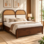 Aurelia Sheesham Wood Bed with Cane & Upholstered Headboard