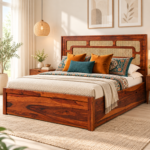 Arden Sheesham Wood Bed with Geometric Cane Headboard
