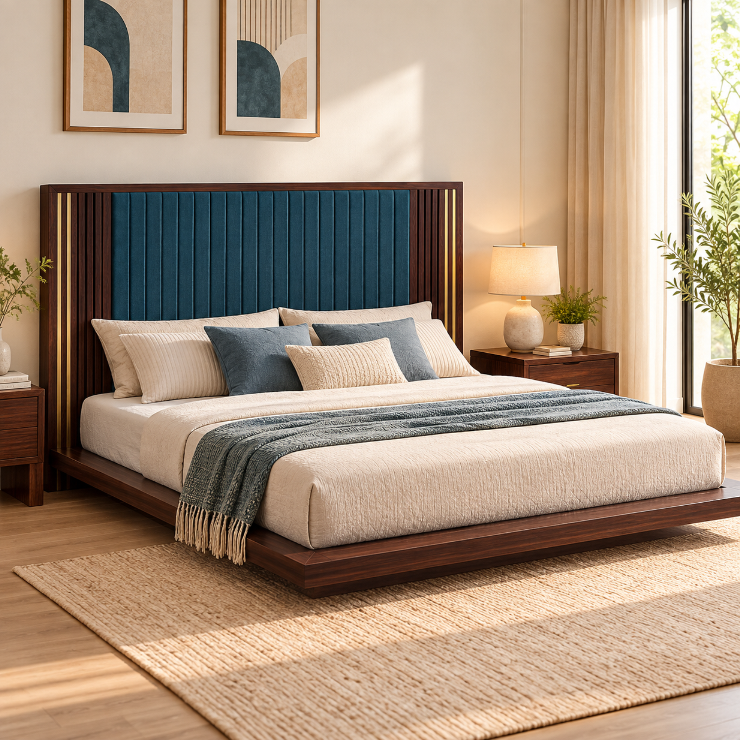 DLC408 (6) Aurevian Sheesham Wood Bed with Blue Upholstered Headboard & Brass Accents - Image 1