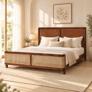 Aurevon Mango Wood Upholstered Four Poster Bed