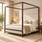 Veyron Solid Sheesham Wood Upholstered Four Poster Bed