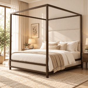 Veyron Solid Sheesham Wood Upholstered Four Poster Bed