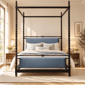 Aurevon Mango Wood Upholstered Four Poster Bed
