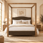 Everly Mango Wood Upholstered Four Poster Bed