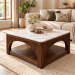 Veyron Solid Sheesham Wood Coffee Table with White Marble Top
